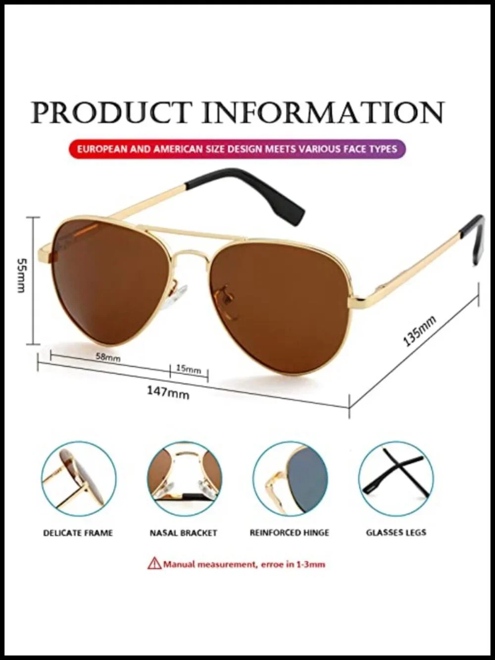 Polarized Aviator Sunglasses Metal Frame UV400 Protection 58mm